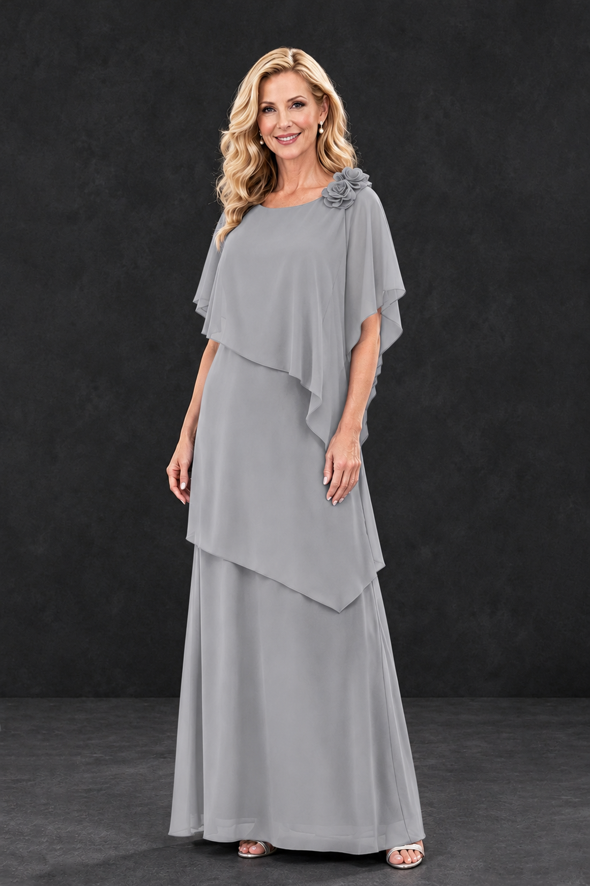 BOLODOO Silver Tiered Flutter Sleeve Mother of the Bride Maxi Dress - Silver - Silver_1