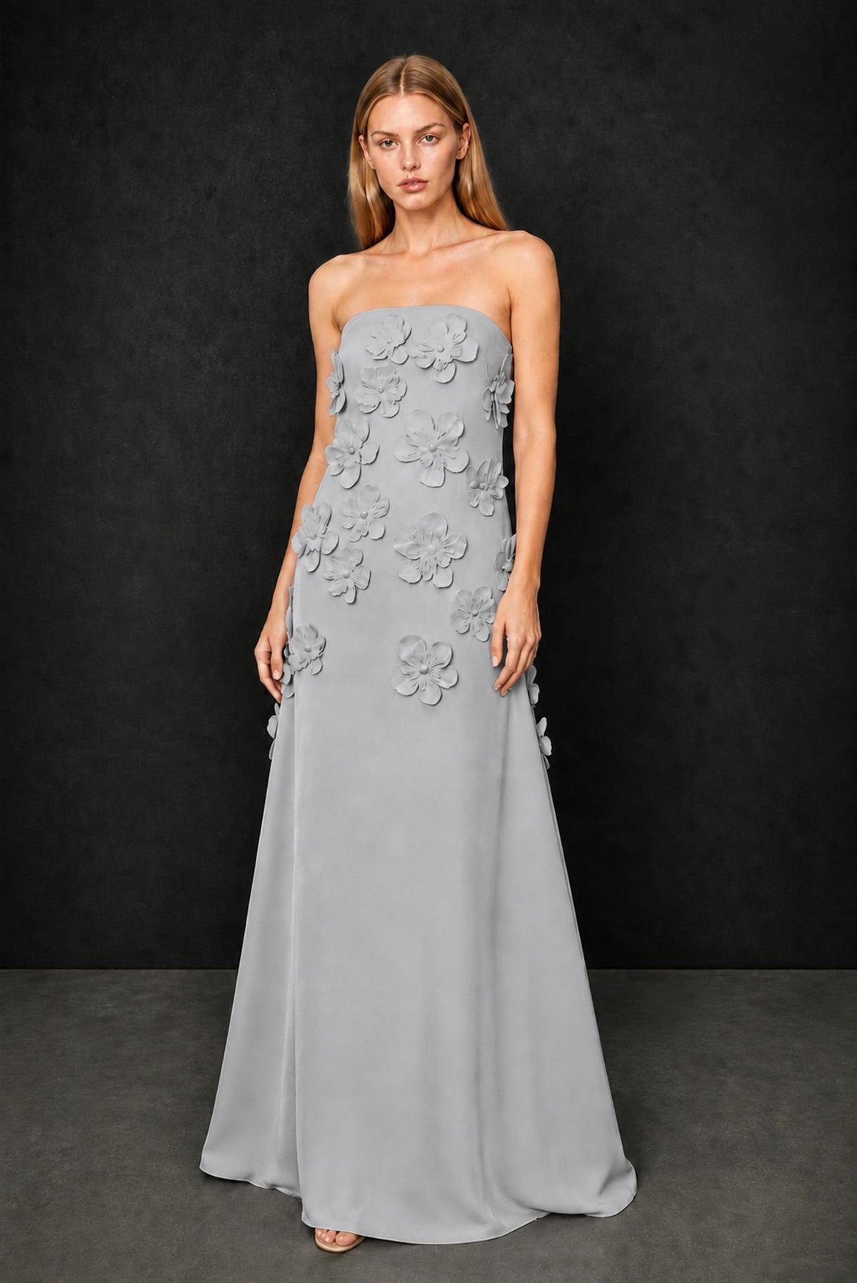 BOLODOO Silver Strapless 3D Floral Appliqué Crepe Maxi Gown - Silver
