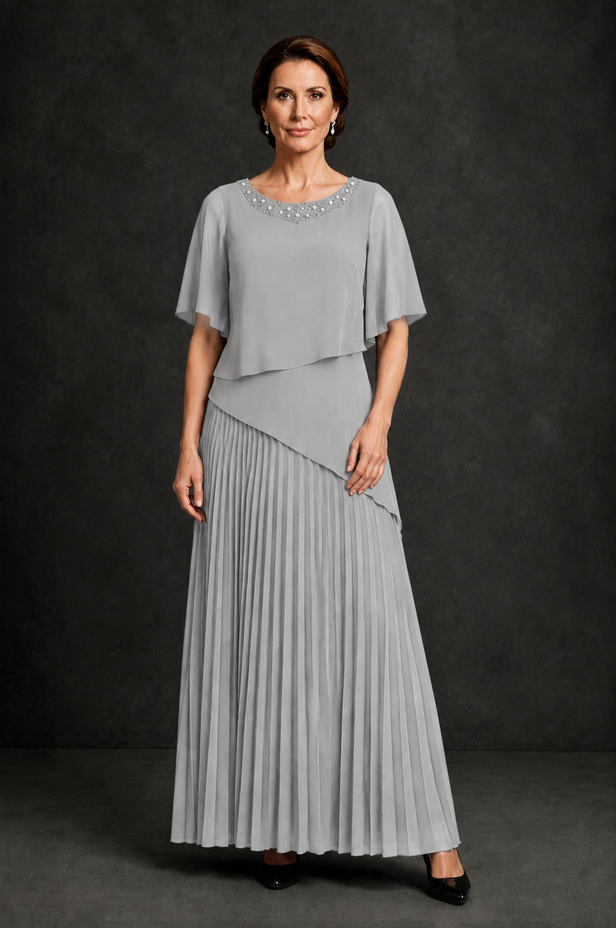 BOLODOO Silver Pearl Beaded Neck Asymmetric Tiered Flutter Sleeve Pleated Chiffon Maxi Dress - Silver - Silver_1