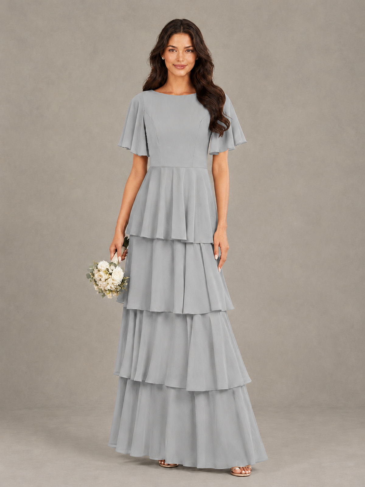 BOLODOO Silver Tiered Flutter Sleeve Bridesmaid Dress - Silver - Silver_1