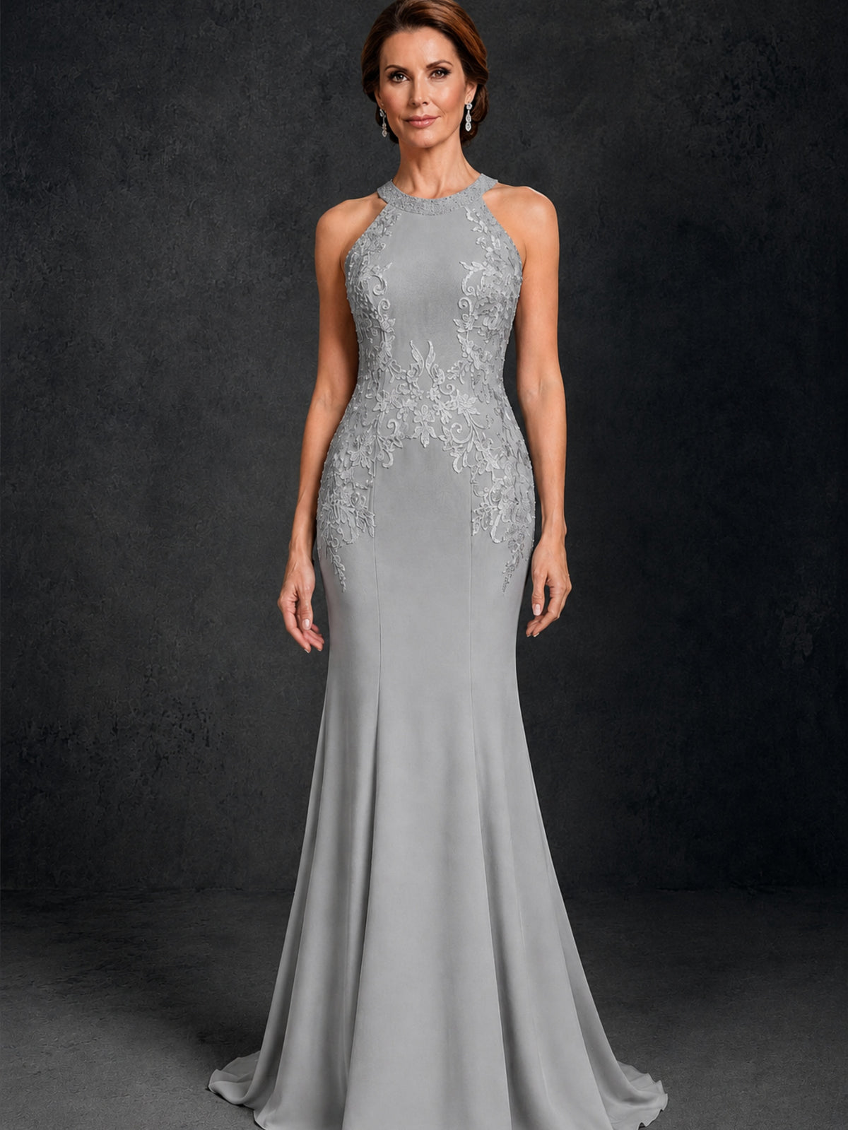 BOLODOO Silver Lace Applique Halter Neck Sheer Back Mermaid Maxi Dress with Sweep Train - Silver