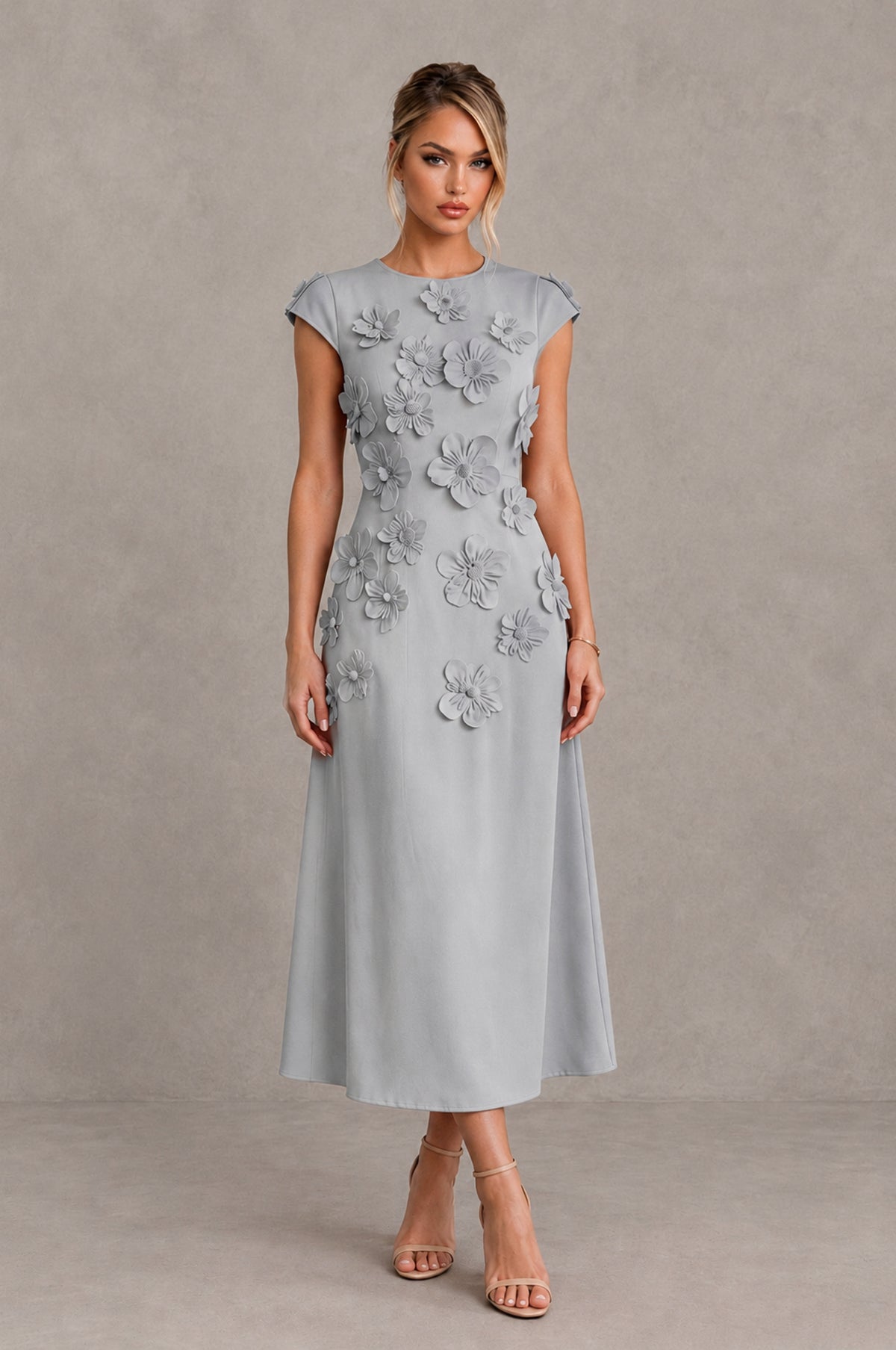 BOLODOO Silver 3D Floral Cap Sleeve Midi Cocktail Dress - Silver - Silver_1