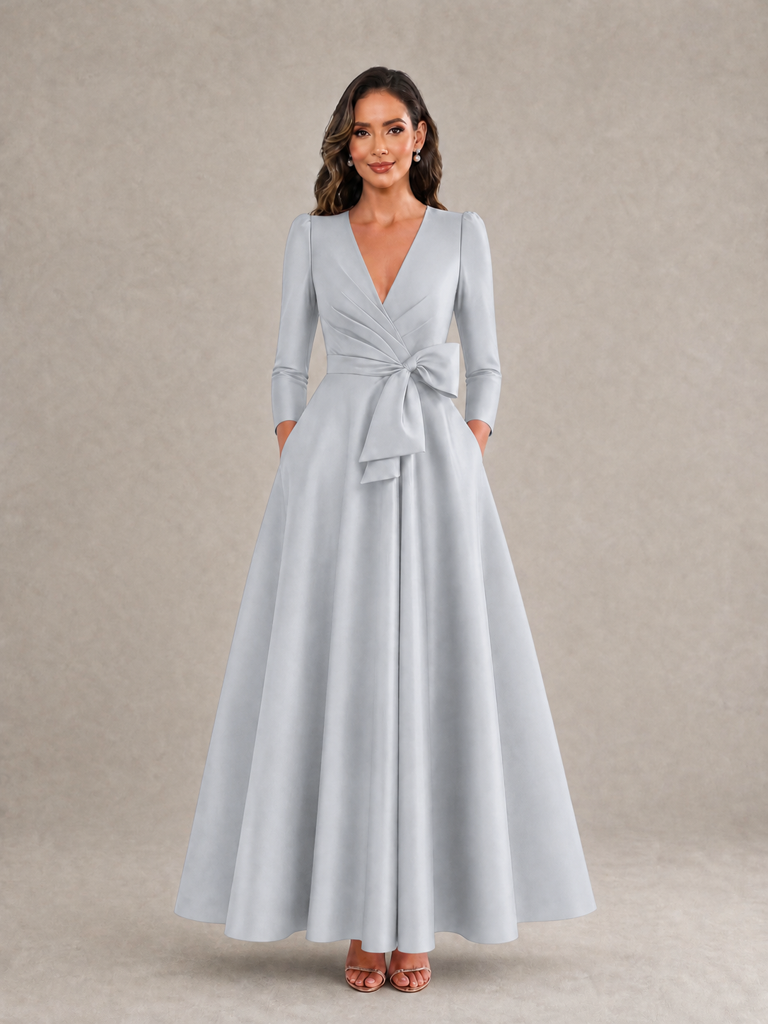 BOLODOO Silver Satin Deep V-Neck Wrap 3/4 Puff Sleeve A-Line Ball Gown Maxi Dress with Oversized Bow Belt - Silver