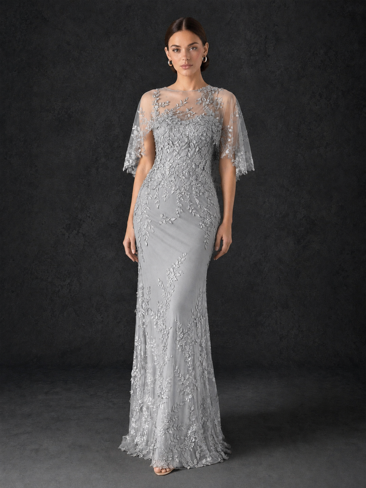 BOLODOO Mocha Silver Botanical Lace Flutter Sleeve Mermaid Gown - Silver
