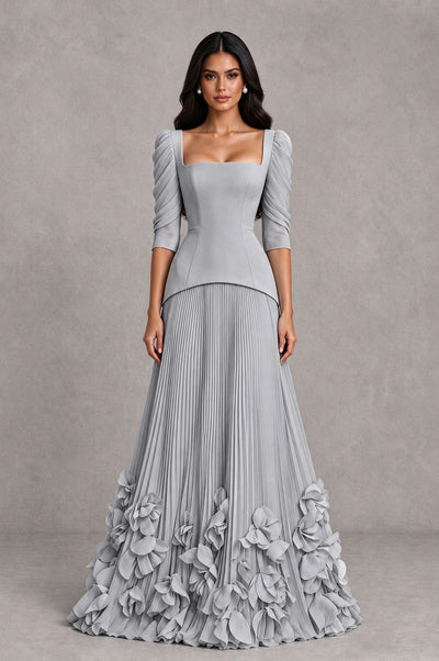 BOLODOO Silver Square Neck Pleated Floral Applique Evening Dress - Silver - Silver_1