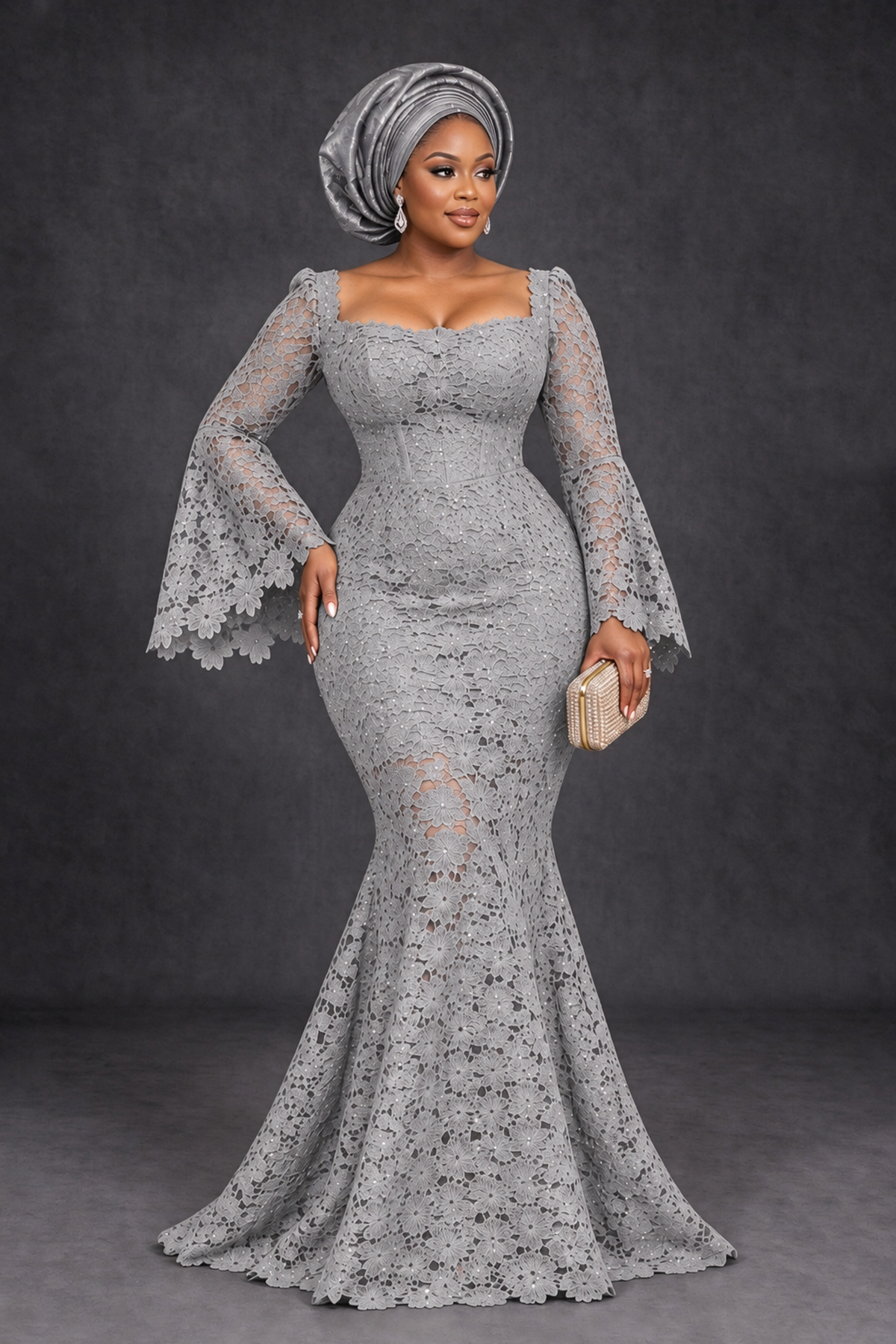 BOLODOO Silver African Lace Mermaid Dress, Plus Size Nigerian Wedding Guest Gown with Bell Sleeves - Silver - Silver_1