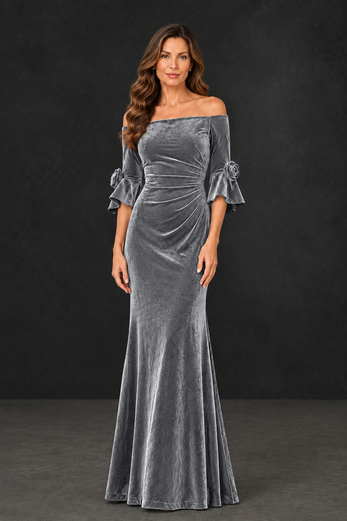 BOLODOO Silver Velvet Mother of the Bride Dress with Rosette Sleeves - Silver - Silver_1
