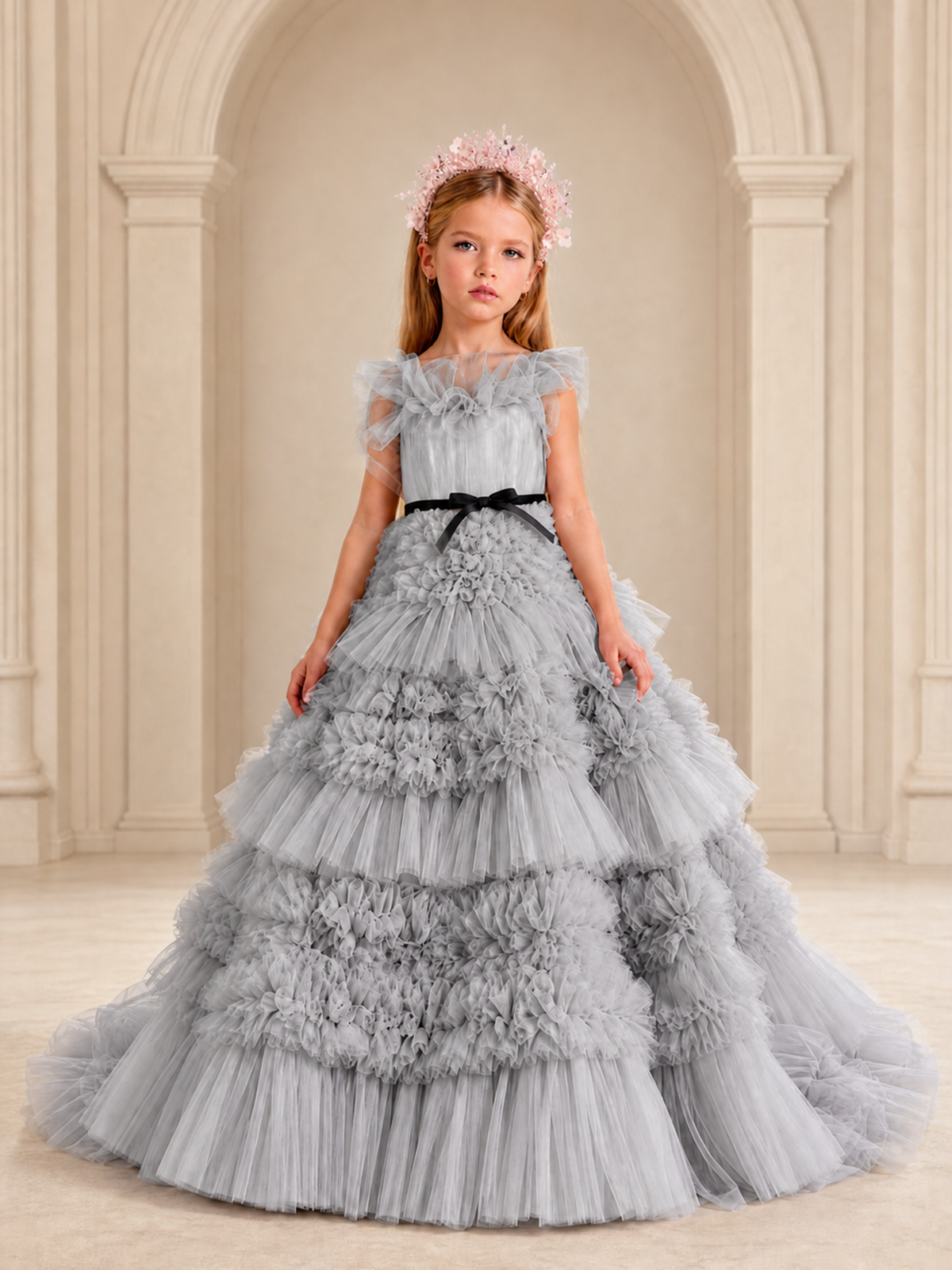 BOLODOO Silver Tiered Tulle Flower Girl Dress with Floral Appliques - Silver - Silver_1