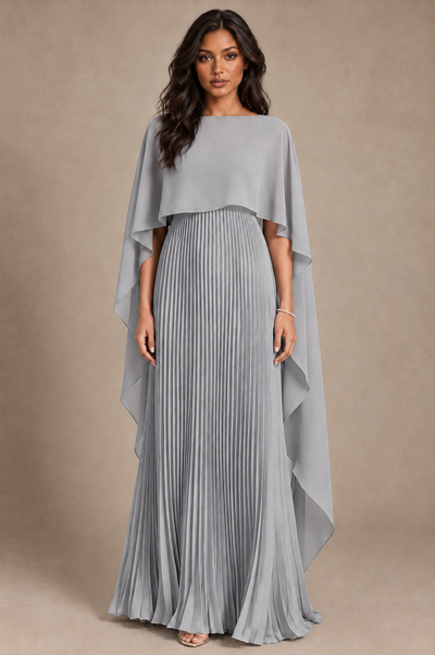 BOLODOO Silver Pleated Cape A-Line Evening Dress - Silver - Silver_1