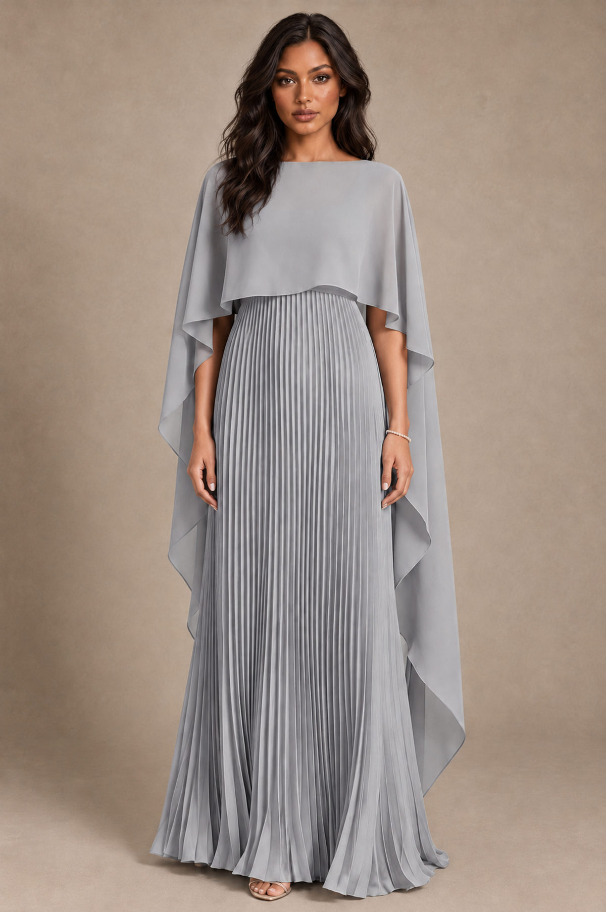 BOLODOO Silver Pleated Cape A-Line Evening Dress - Silver - Silver_1