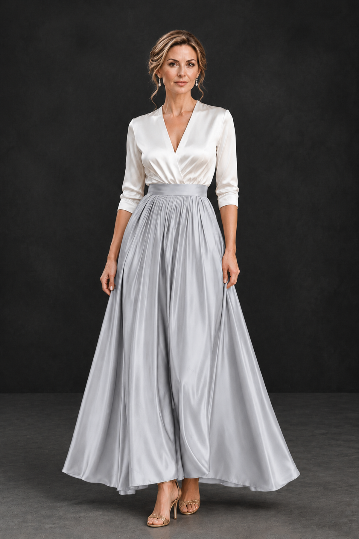 BOLODOO Silver and White V-Neck A-Line Mother of the Bride Dress - Silver - Silver_1