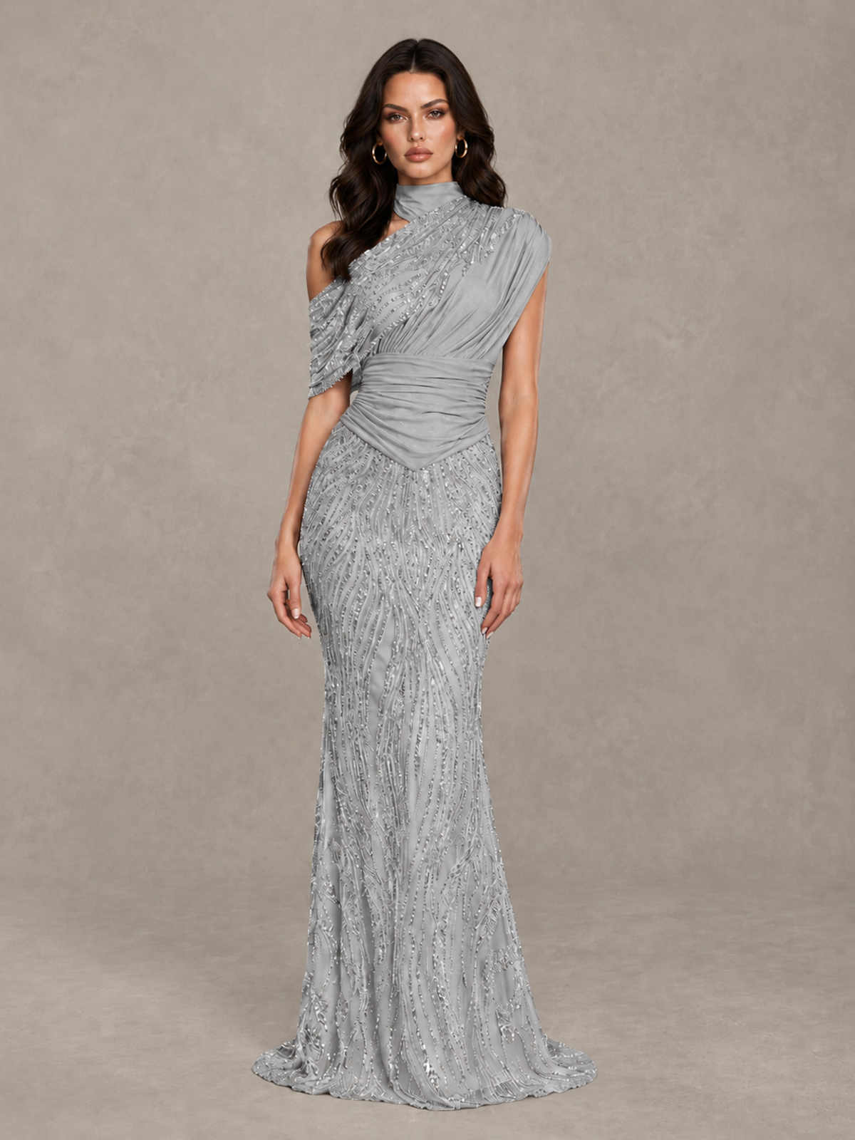 BOLODOO Silver High Neck Draped Sequin Mermaid Evening Gown - Silver - Silver_1