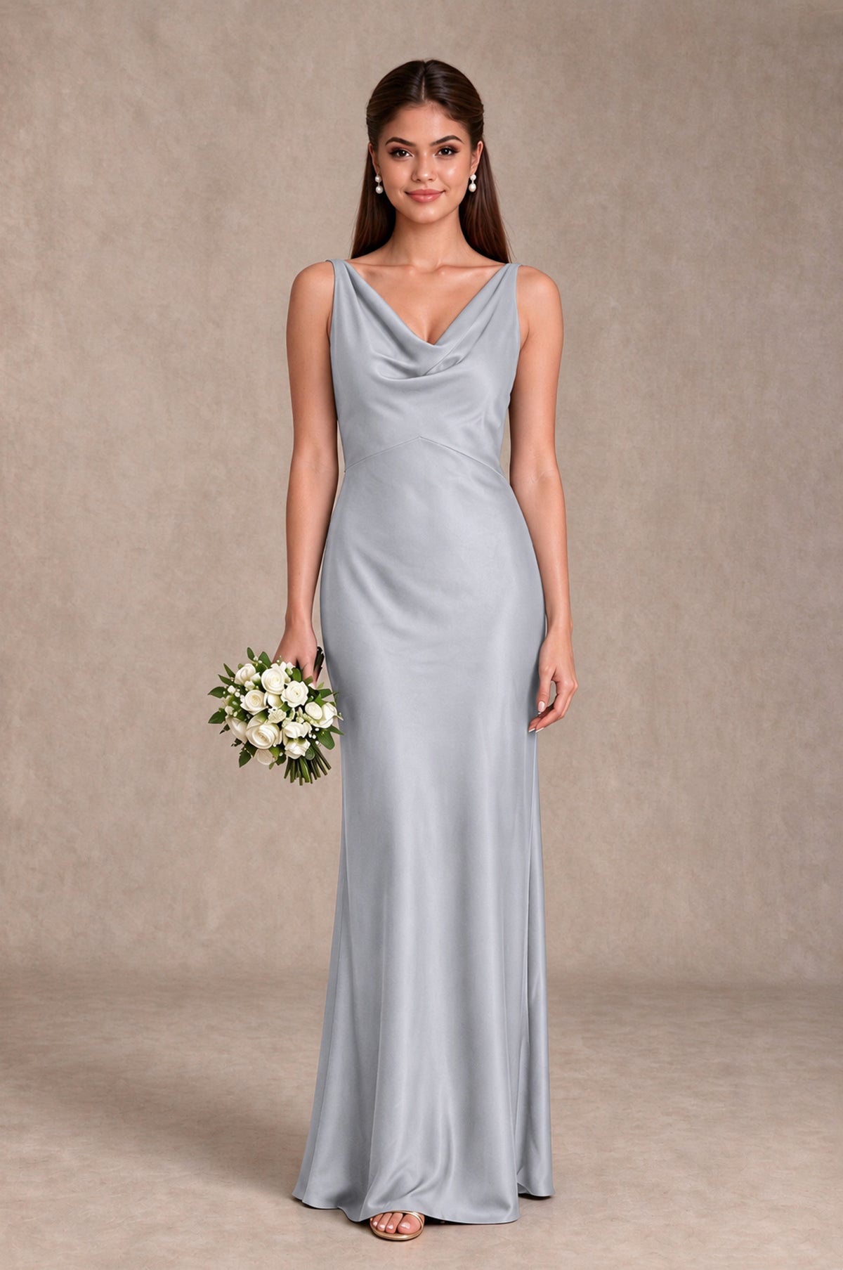 BOLODOO Silver Cowl Neck Open Back Satin Bridesmaid Dress - Silver - Silver_1