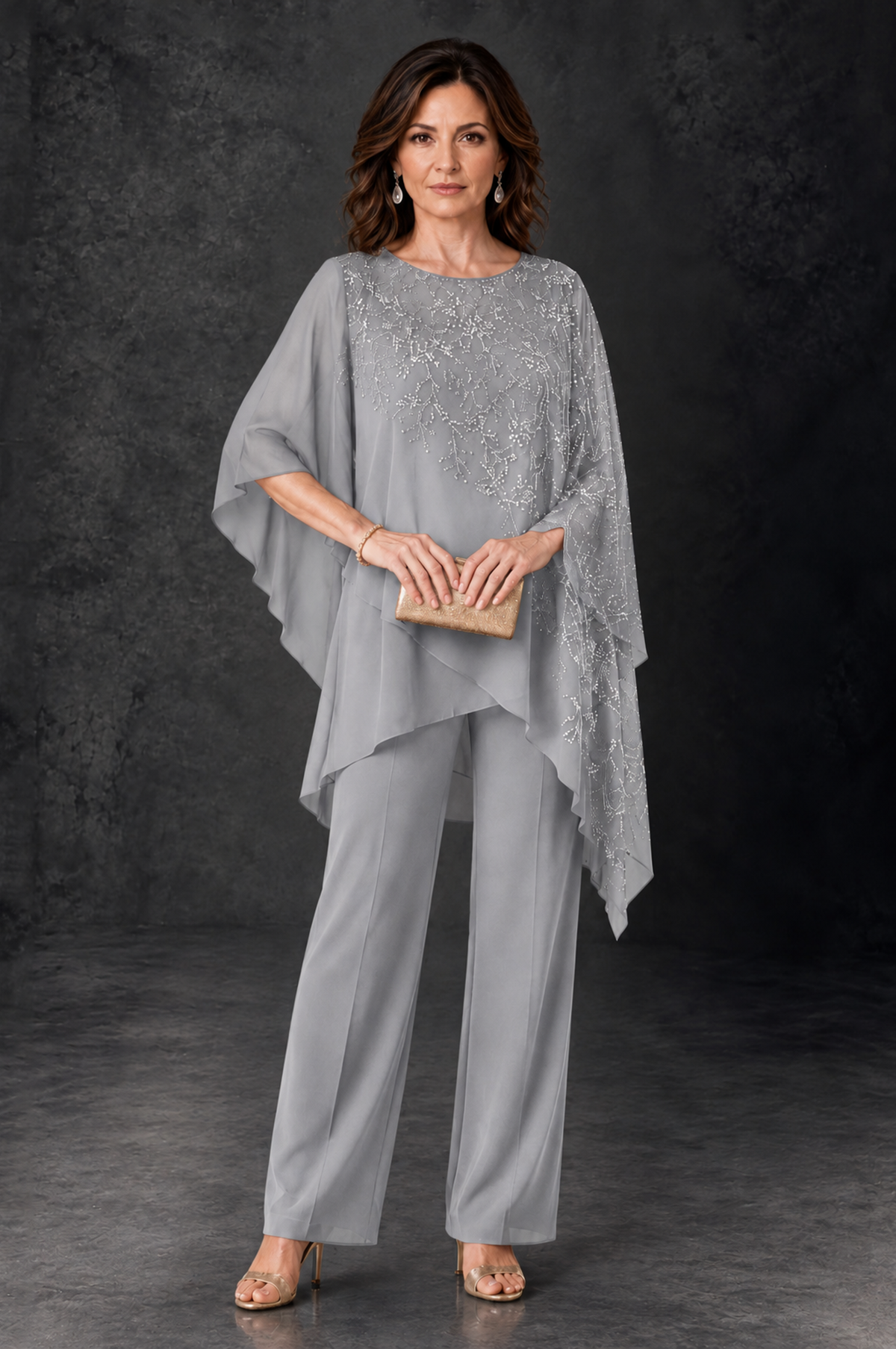 BOLODOO Silver Embellished Cape Pant Suit for Mother of the Bride - Silver - Silver_1