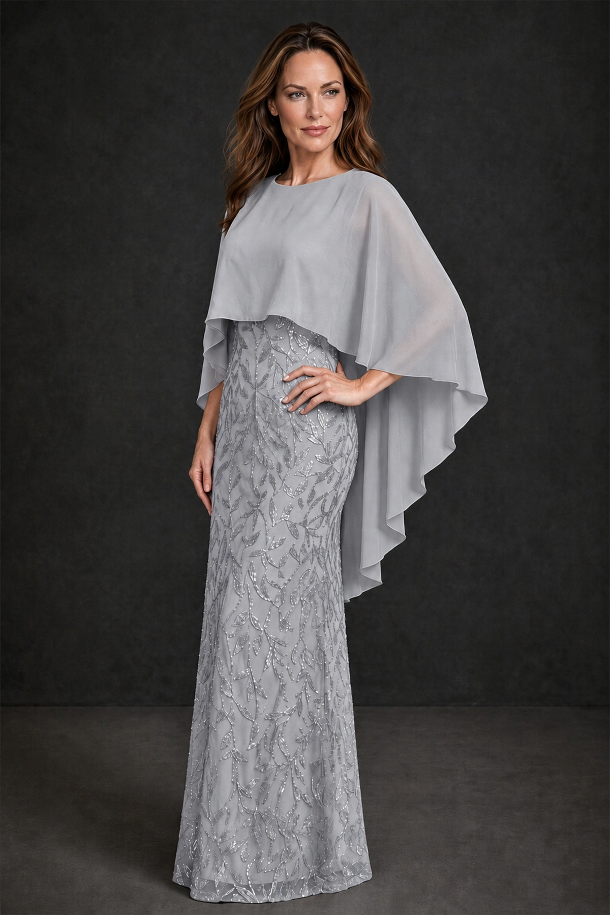 BOLODOO Silver Round Neck Chiffon Cape Overlay Sequin Lace Mermaid Maxi Dress - Silver - Silver_1