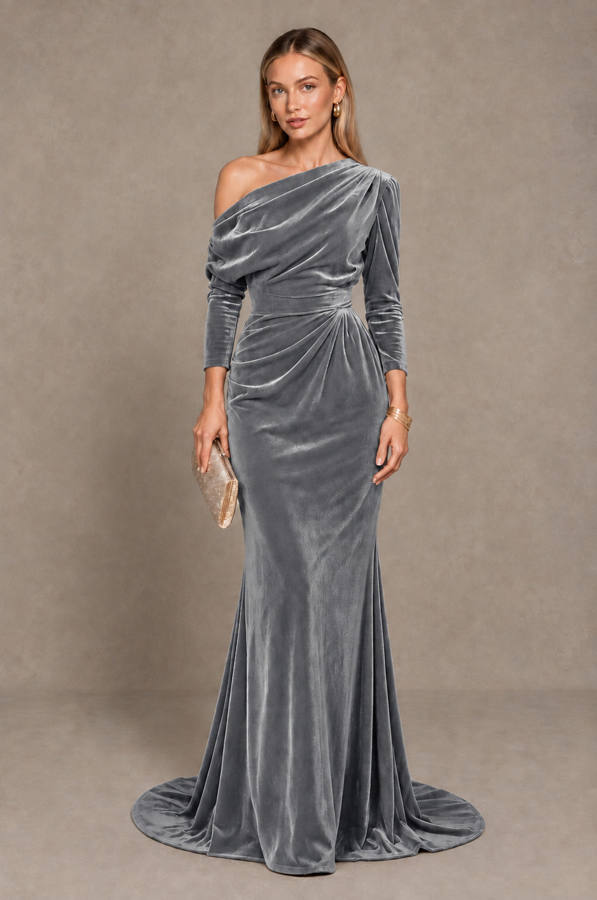 BOLODOO Silver Velvet Asymmetric Neck Mermaid Evening Dress - Silver - Silver_1