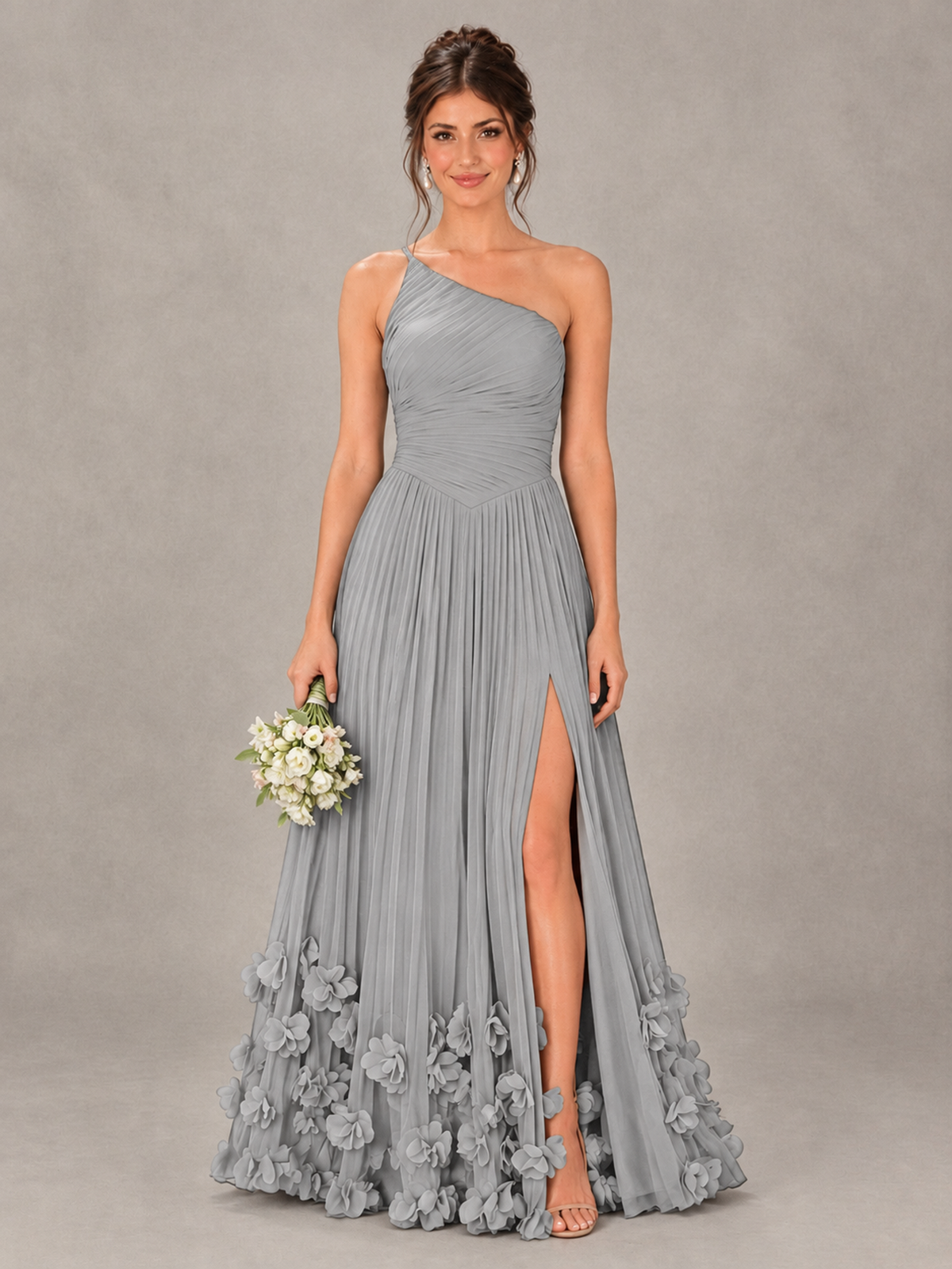 BOLODOO Silver One-Shoulder Pleated Bridesmaid Dress with 3D Floral Hem - Silver - Silver_1