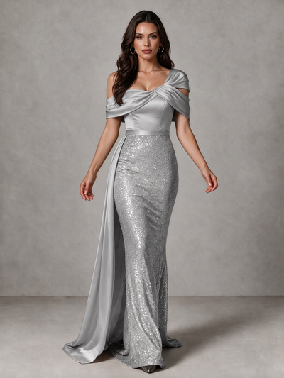 BOLODOO Silver Sequin Mermaid Evening Dress with Off-Shoulder Satin Drape and Sweep Train - Silver - Silver_1