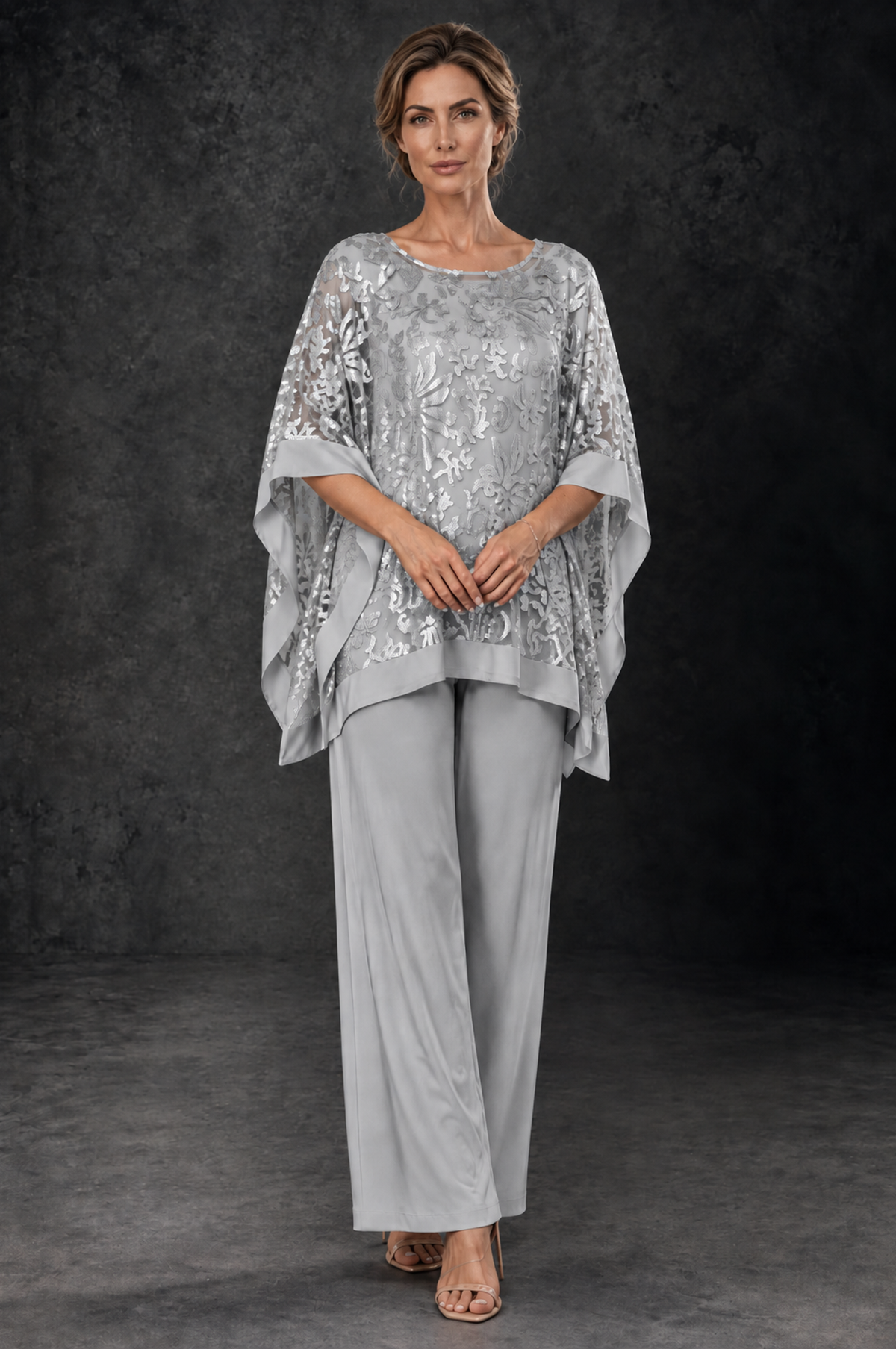 BOLODOO Silver Floral Cape Mother of the Bride Pant Suit - Silver - Silver_1