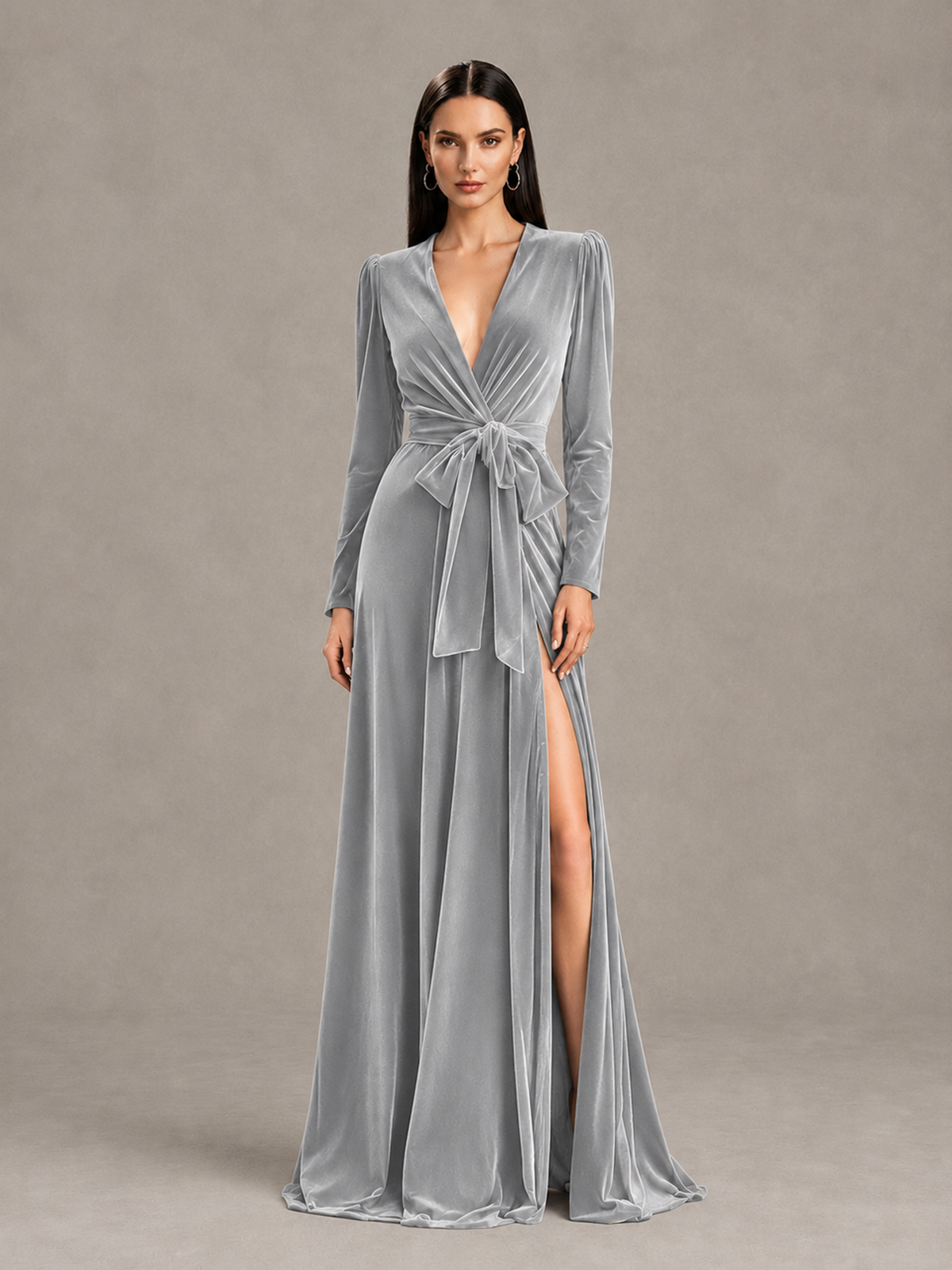 BOLODOO Silver Long Sleeve Velvet-Look Evening Dress with High Slit - Silver - Silver_1
