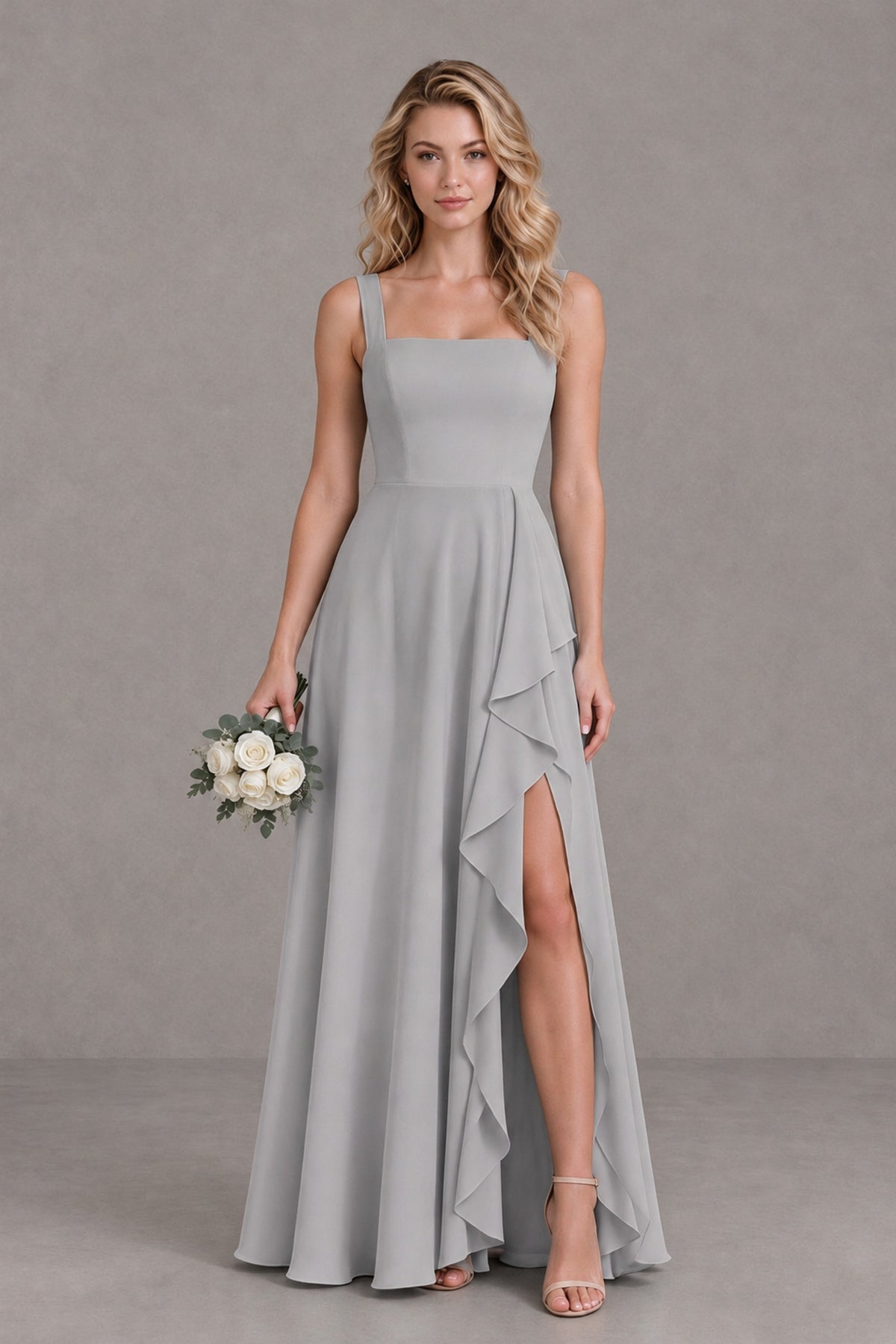 BOLODOO Silver Square Neck Ruffle A-Line Bridesmaid Dress with Slit - Silver - Silver_1
