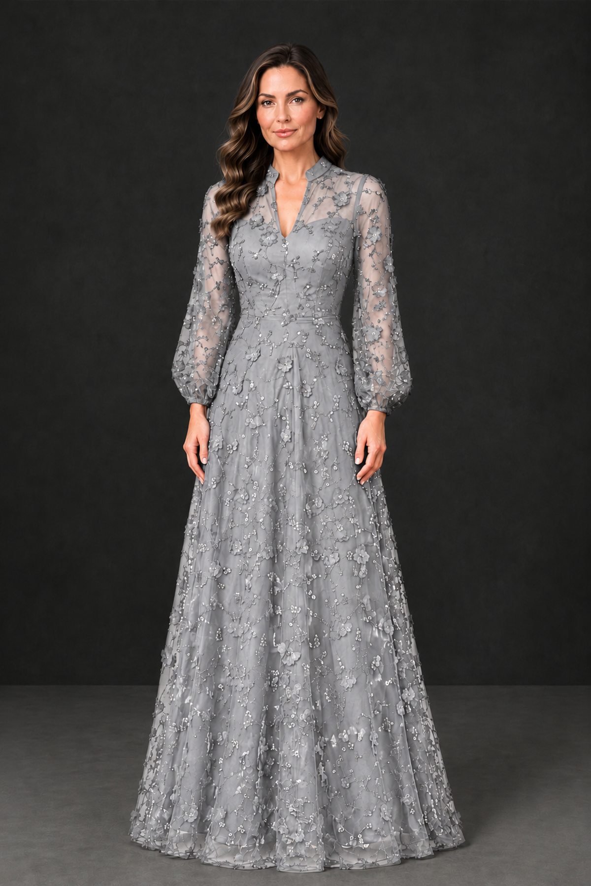 BOLODOO Silver Long Sleeve Floral Mother of the Bride Dress - Silver - Silver_1