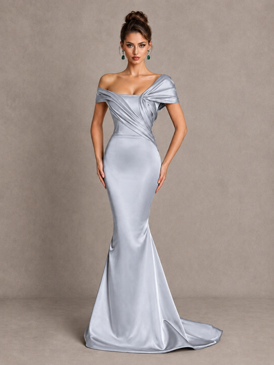 BOLODOO Silver Off-Shoulder Satin Mermaid Prom Dress - Silver - Silver_1