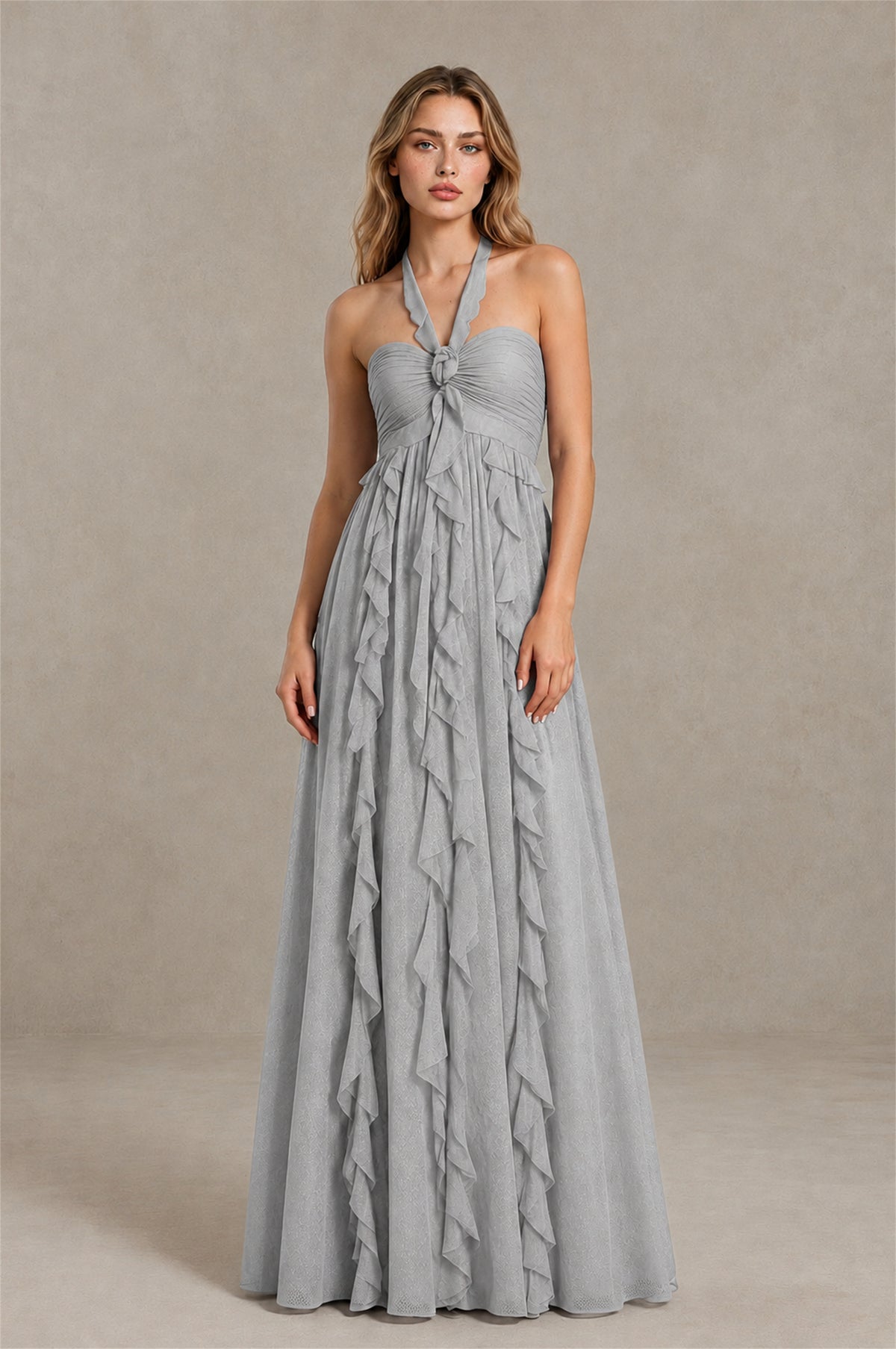 BOLODOO Silver Halter Ruffle A-Line Floor-Length Evening Dress - Silver - Silver_1