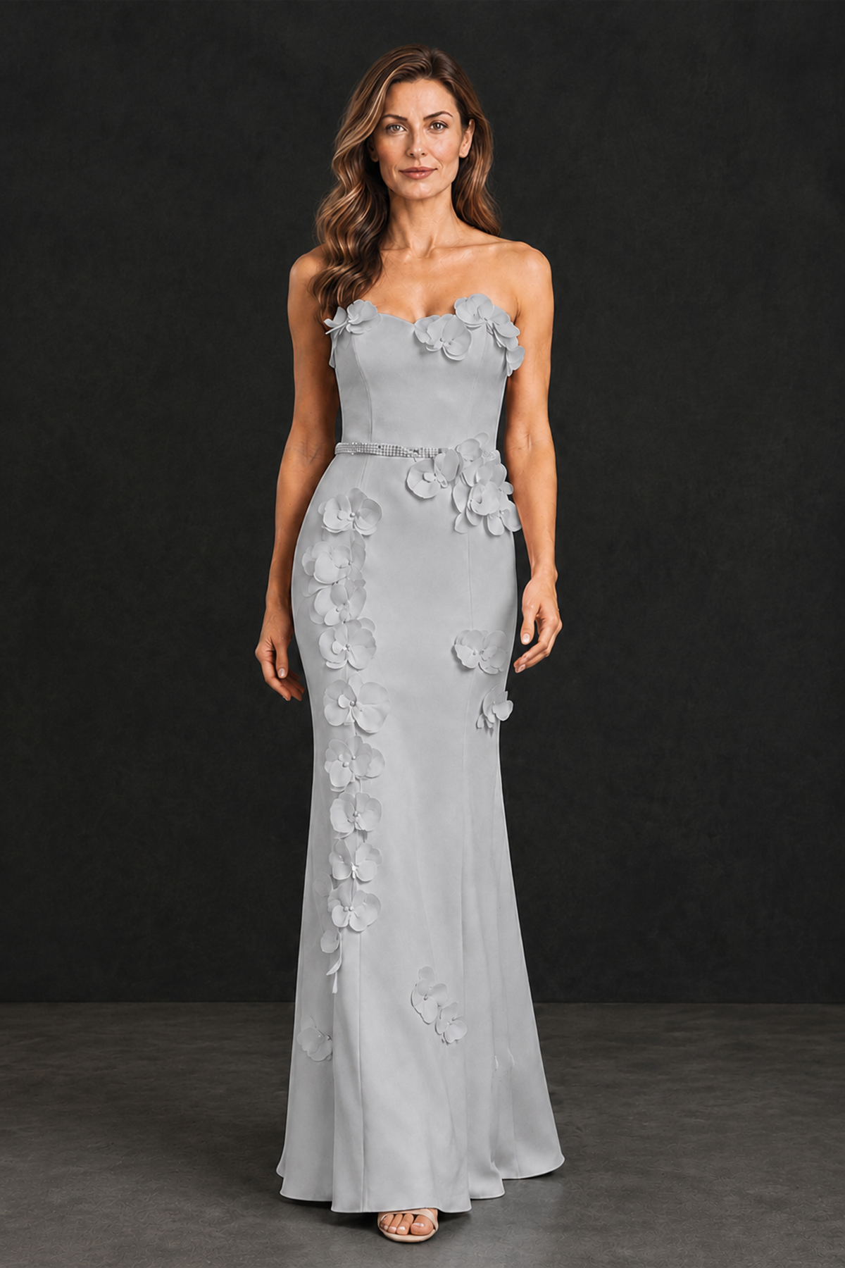 BOLODOO Silver Strapless Mother of the Bride Dress with 3D Floral Appliques - Silver - Silver_1