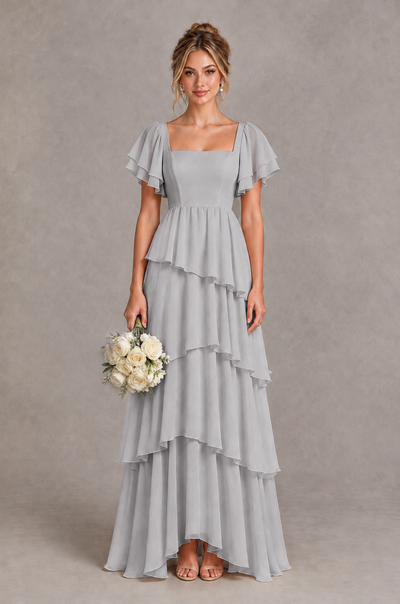 BOLODOO Silver Square Neck Flutter Sleeve Tiered Chiffon Bridesmaid Dress with Lace-Up Back - Silver - Silver_1