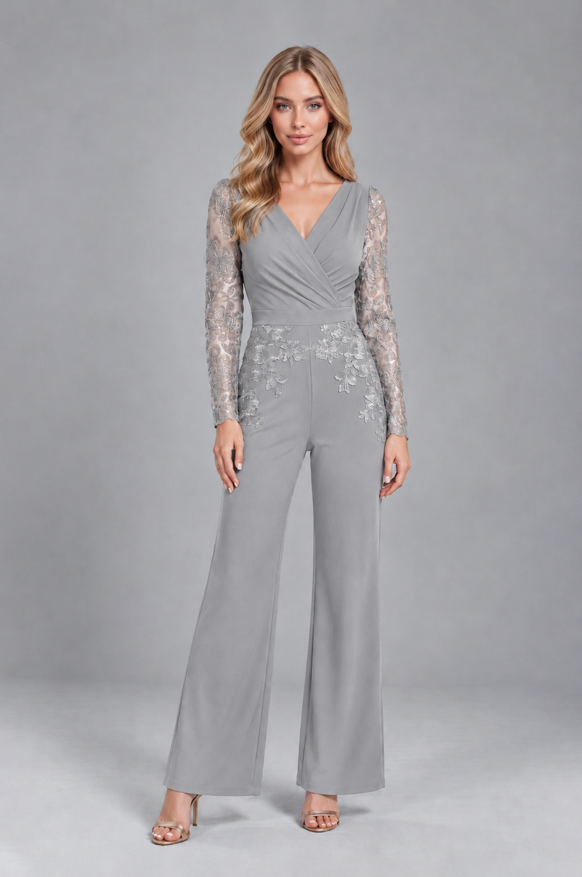 BOLODOO Silver Lace Long-Sleeve V-Neck Mother Pant Suit - Silver - Silver_1