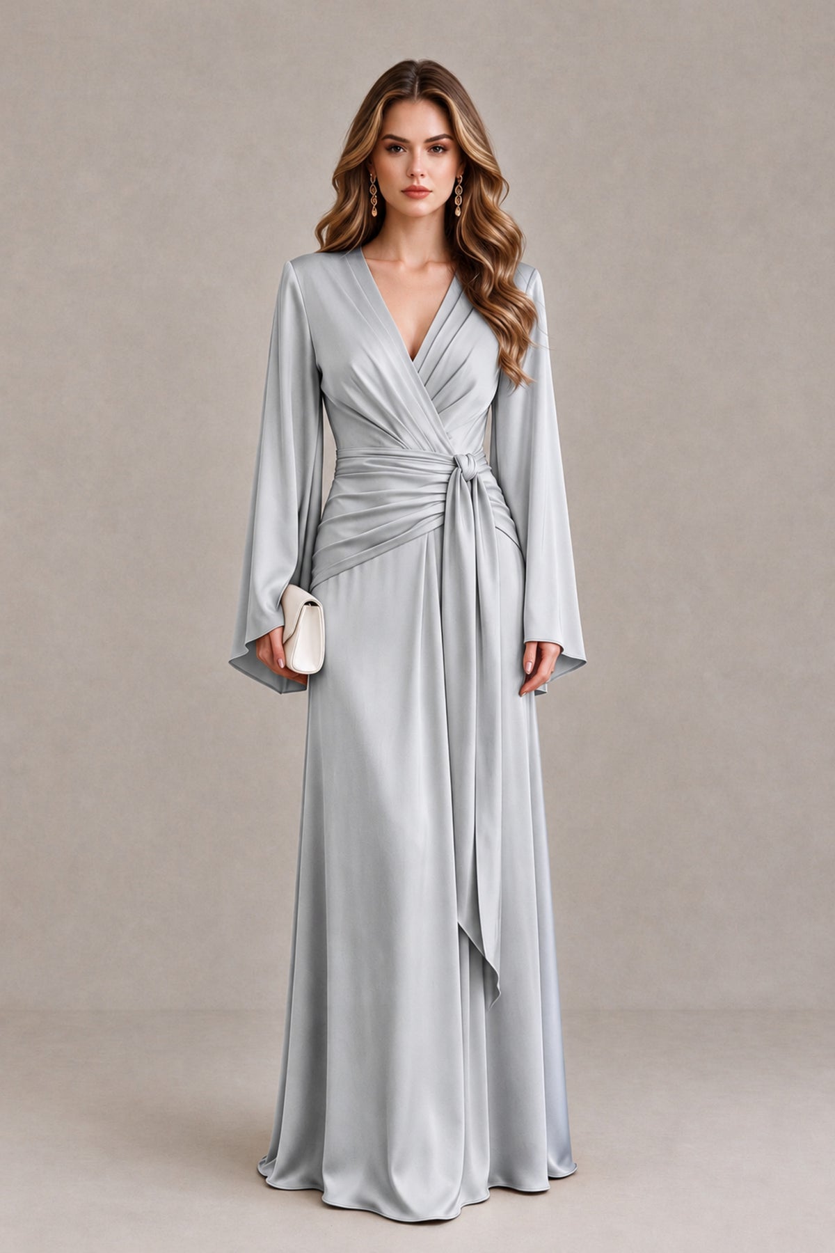 BOLODOO Silver Yellow Satin-Look V-Neck Long Bell Sleeve Evening Dress - Silver - Silver_1