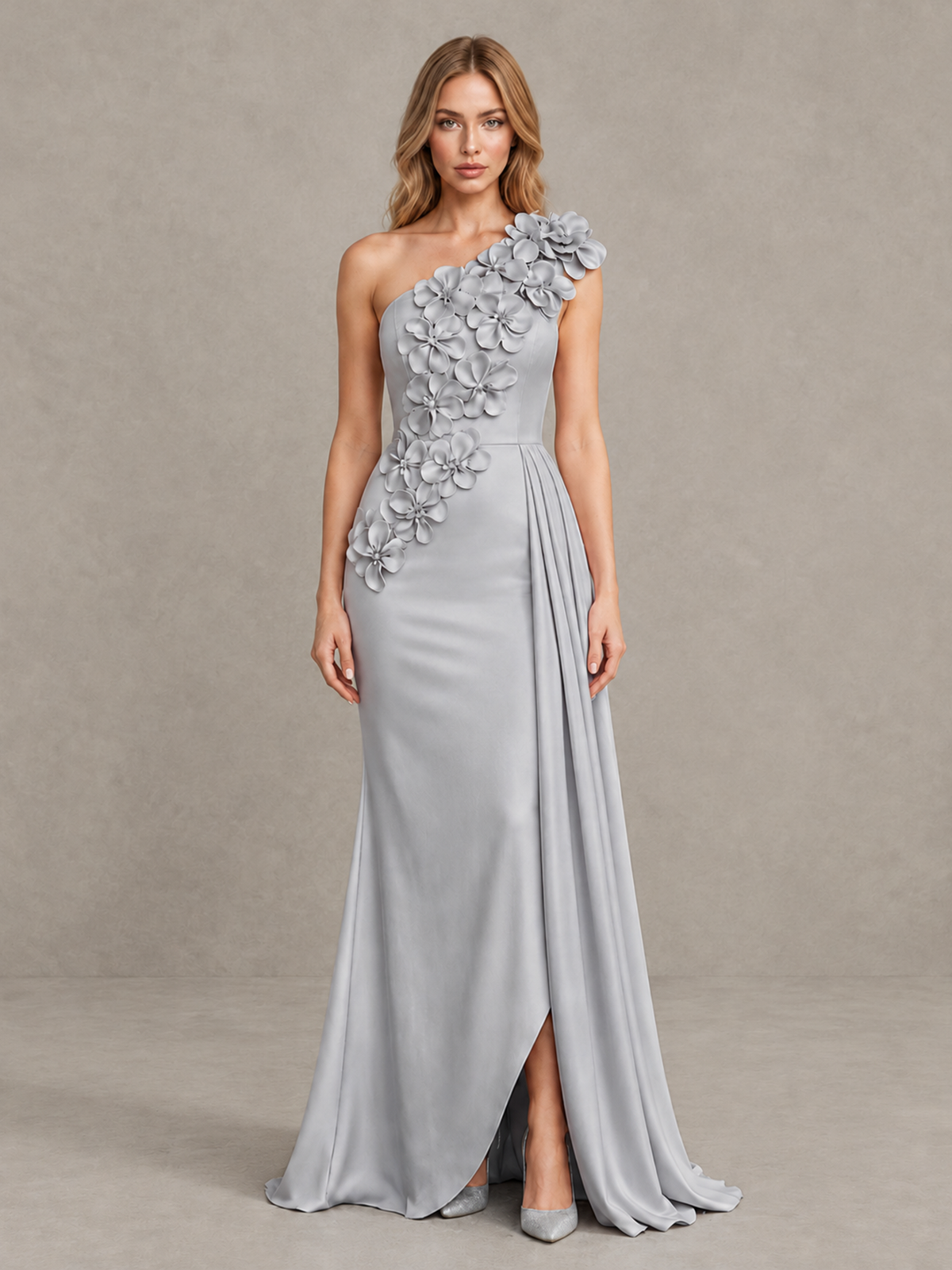 BOLODOO Silver One-Shoulder Satin Mermaid Evening Gown with 3D Floral Appliqué - Silver - Silver_1