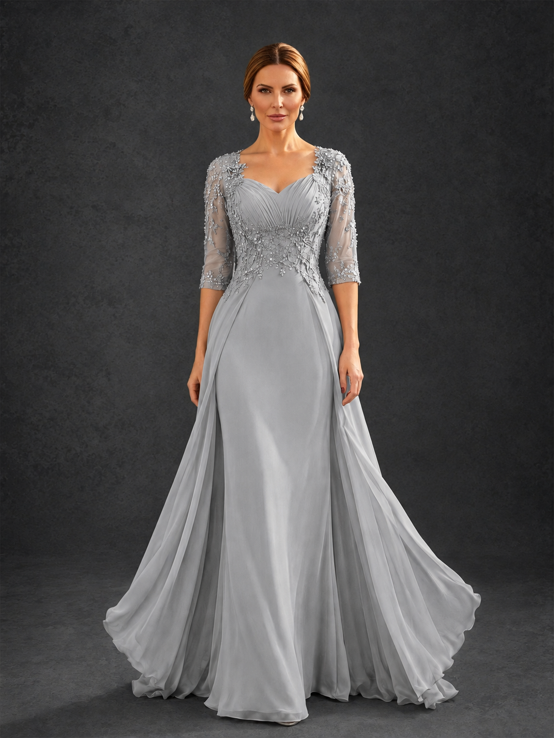 BOLODOO Silver Sweetheart Neck 3/4 Sleeve Floral Lace Illusion Bodice Chiffon A-Line Gown - Silver