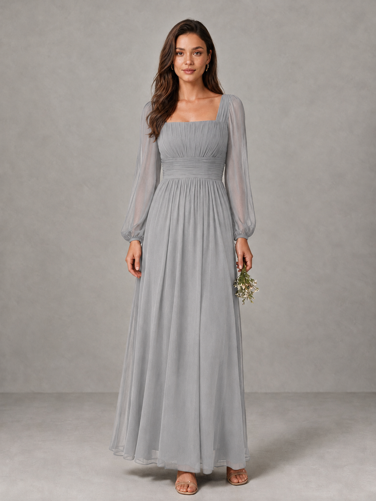 BOLODOO Silver Square Neck Long Sleeve Chiffon Bridesmaid Dress - Silver - Silver_1