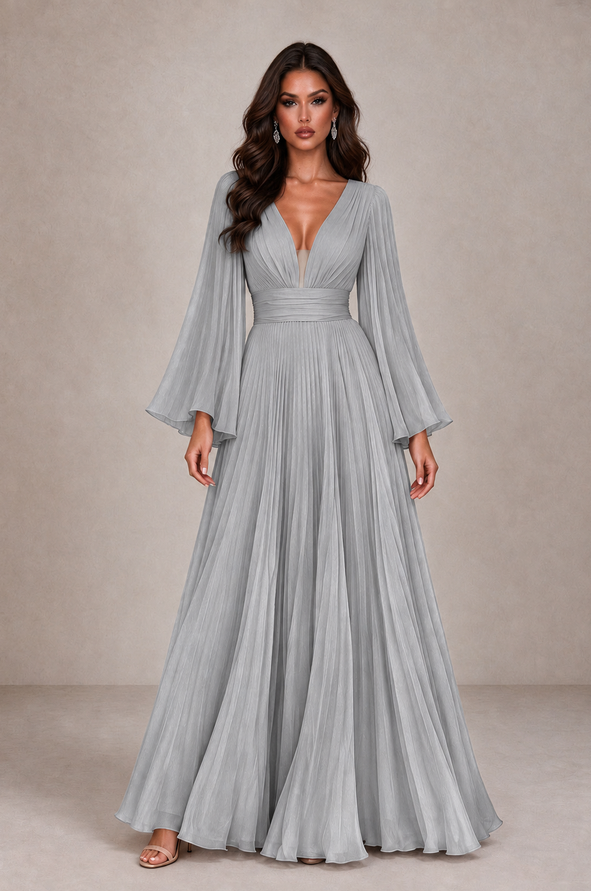 BOLODOO Silver Pleated Deep V-Neck Long Bell Sleeve Evening Dress - Silver - Silver_1