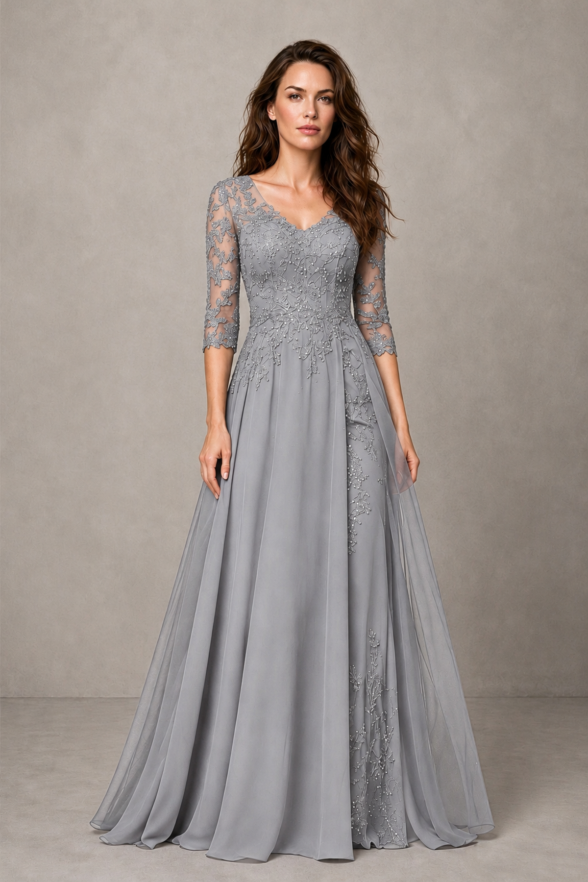 BOLODOO Midnight Silver Beaded Lace Appliqué Chiffon A-Line Gown | Mother of the Bride & Formal Evening Dress - Silver - Silver_1