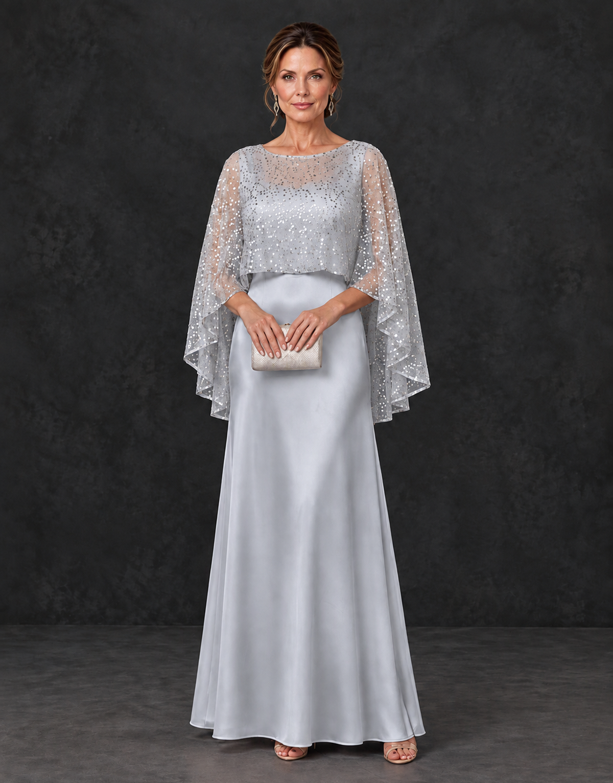 BOLODOO Silver Sparkle Cape Sleeve Mother of the Bride Dress - Silver - Silver_1