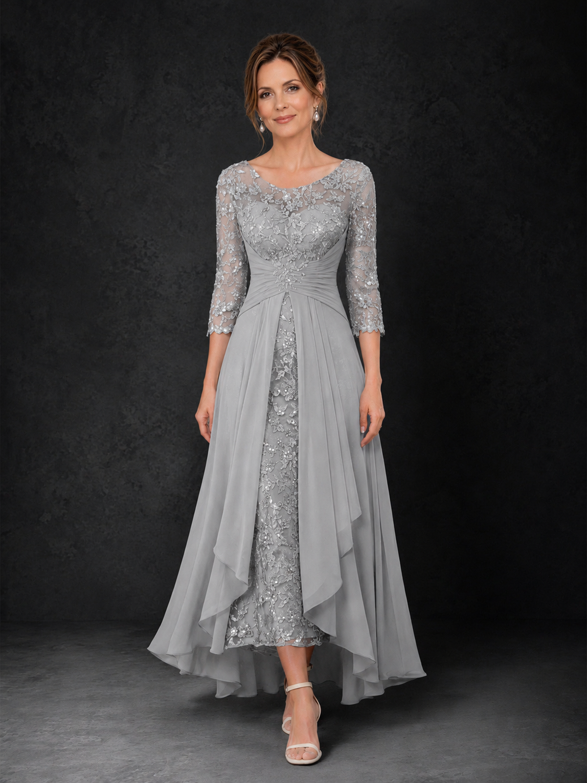 BOLODOO Silver Sequin Lace & Chiffon Tea-Length Mother of the Bride Dress with 3/4 Sleeves - Silver