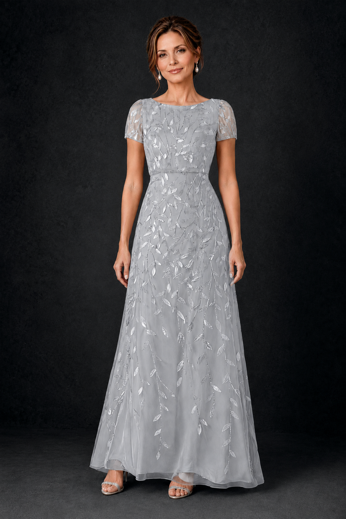 BOLODOO Silver Leaf Embroidered A-Line Formal Gown with Cap Sleeves - Silver - Silver_1