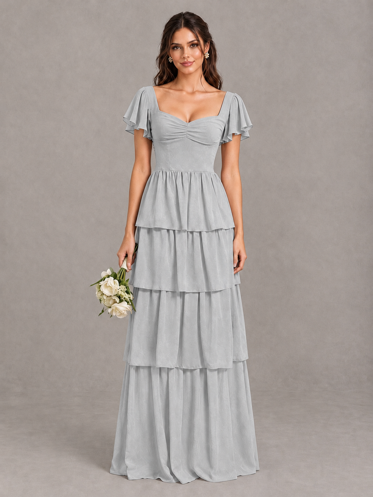 BOLODOO Silver Flutter Sleeve Tiered Maxi Bridesmaid Dress - Silver - Silver_1
