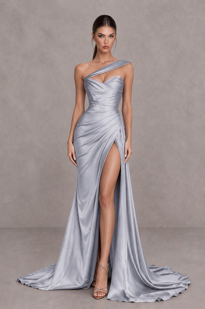 BOLODOO Silver One Shoulder Satin Mermaid Evening Dress with Ruched Slit Skirt - Silver - Silver_1