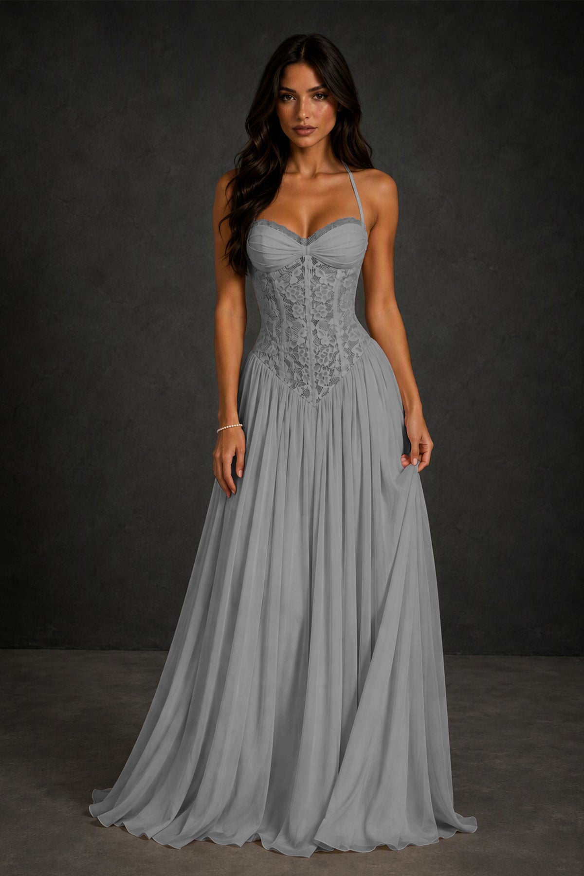 BOLODOO Silver Lace Corset Halter Maxi Gown – Backless A-Line Formal Dress - Silver