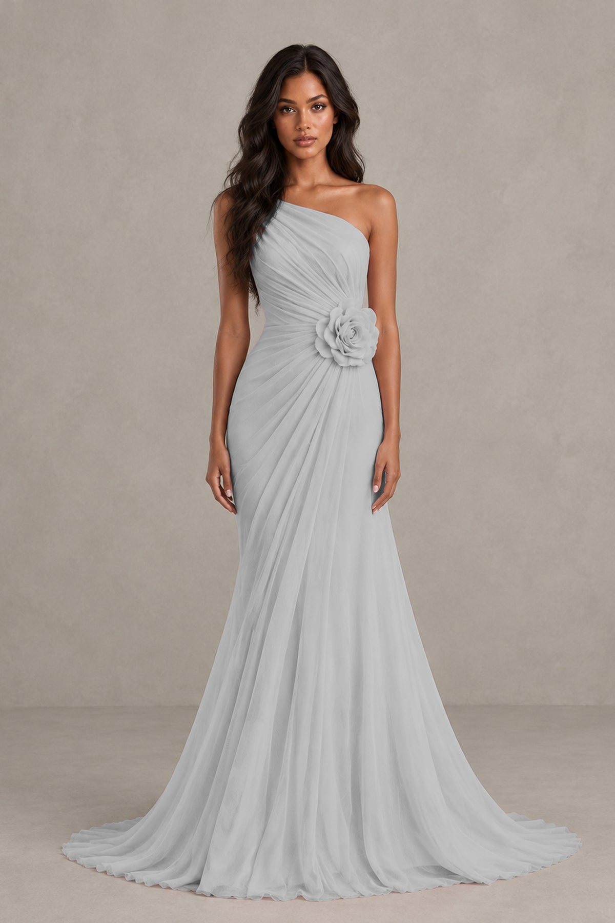 BOLODOO Silver One-Shoulder Floral Ruched Maxi Dress - Silver