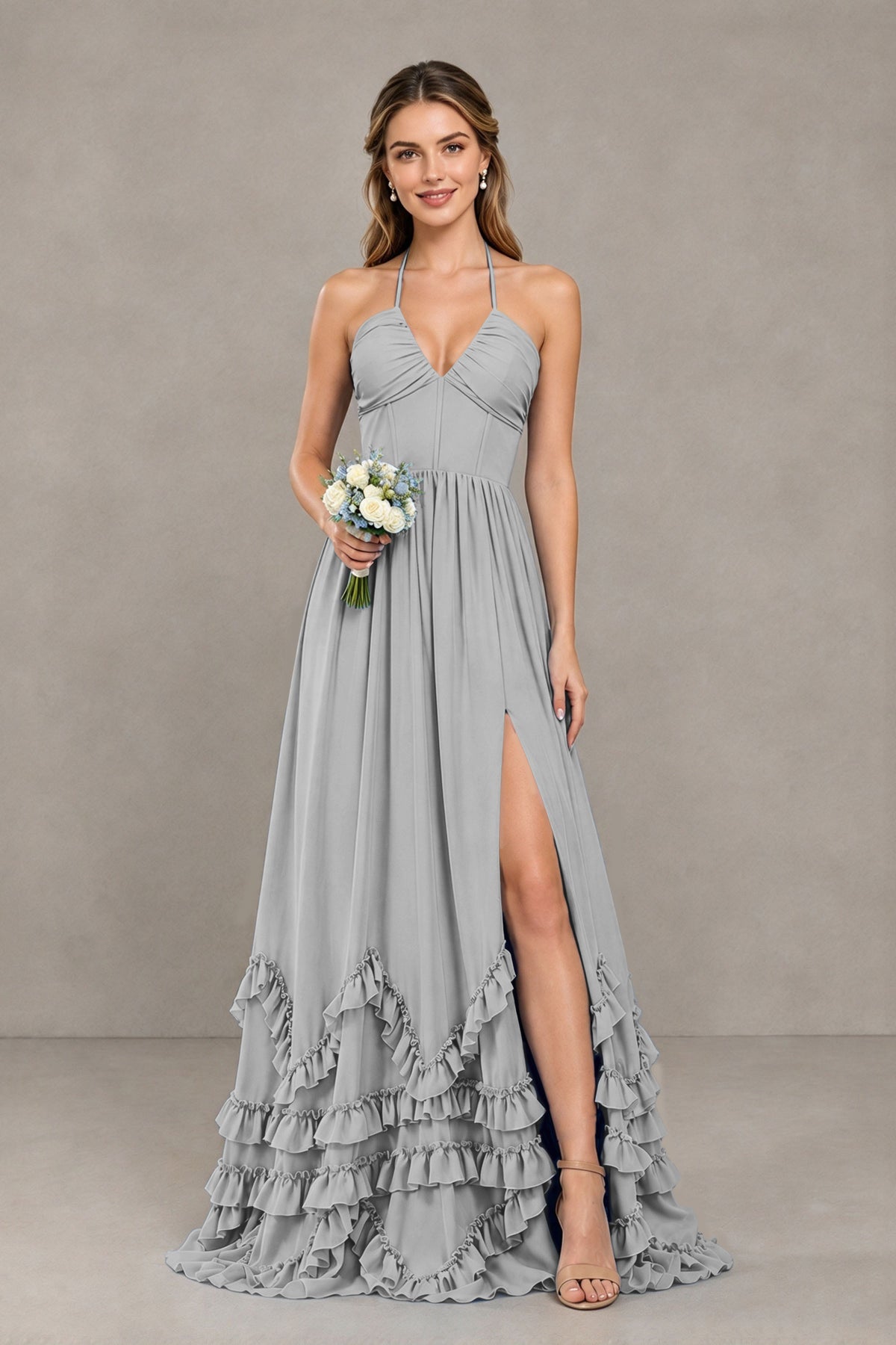 BOLODOO Silver Halter Ruffle Hem A-Line Bridesmaid Dress with High Slit - Silver - Silver(1)
