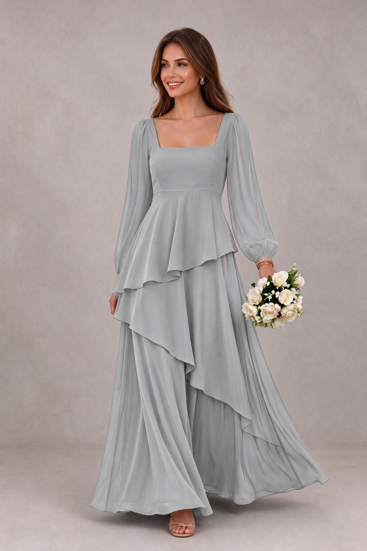 BOLODOO Silver Long Sleeve Ruffle Bridesmaid Dresses - Silver - Silver_1