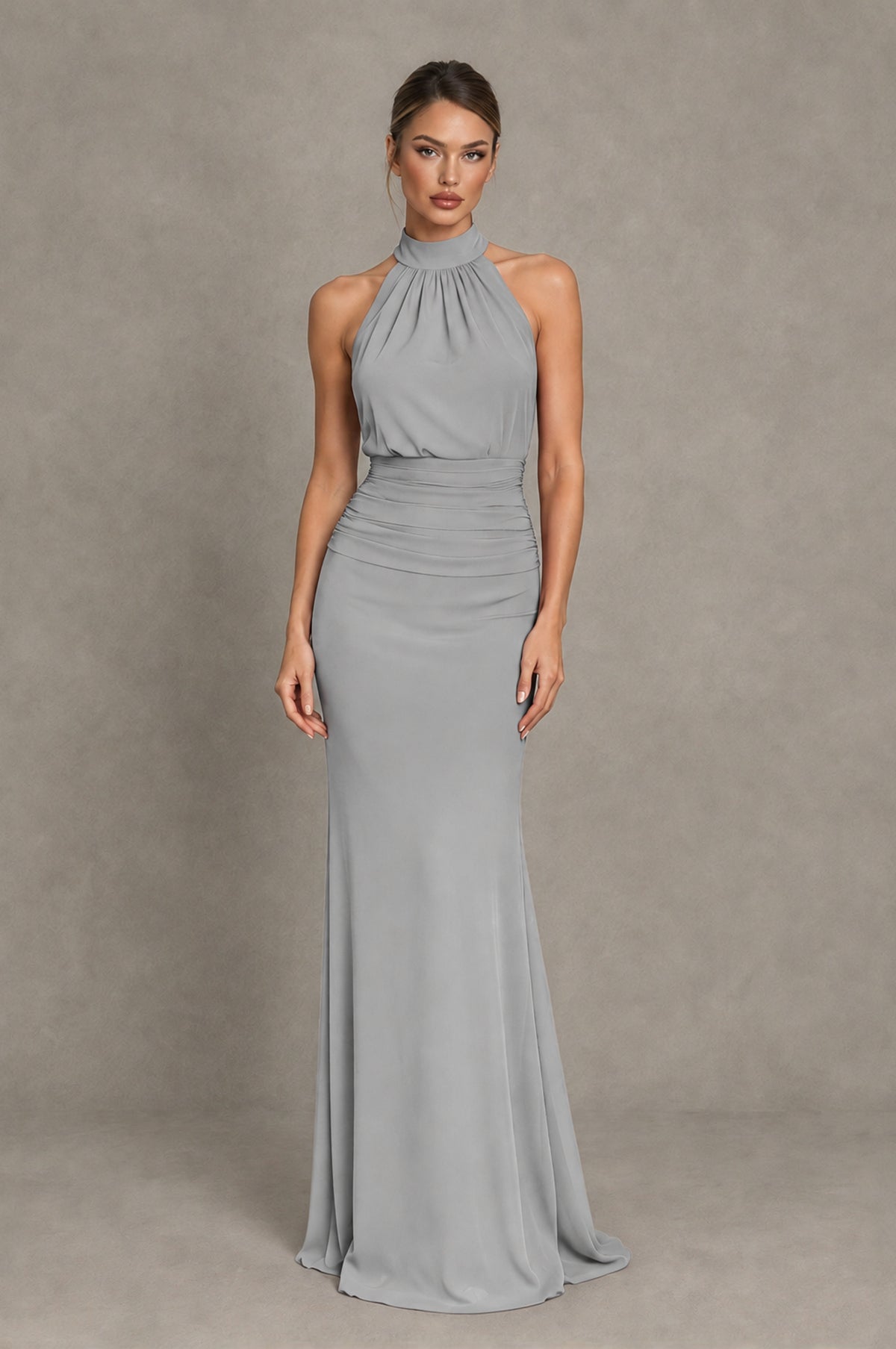 BOLODOO Silver Chiffon Halter Maxi Formal Wedding Guest Dress - Silver - Silver_1