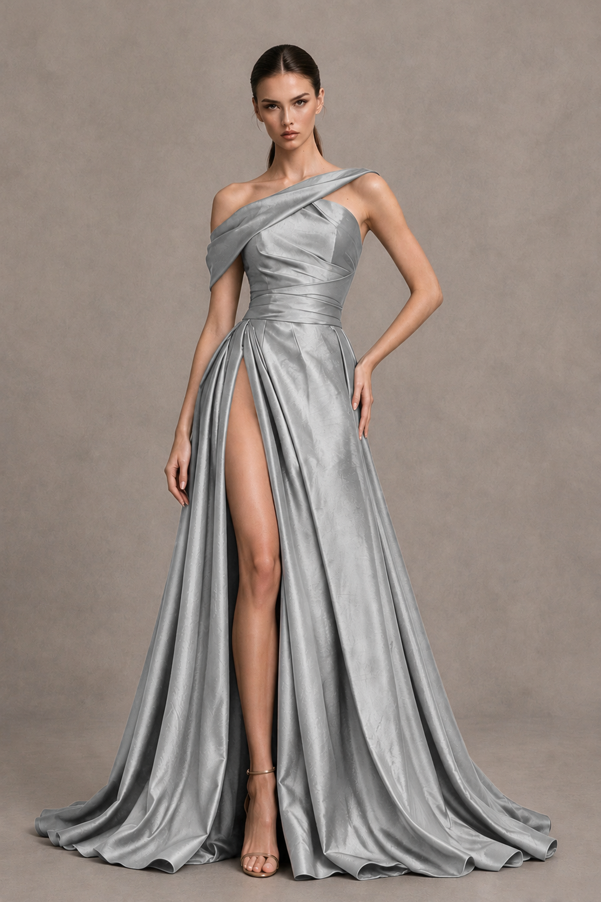 BOLODOO Silver Asymmetric Satin-Look A-Line Prom Dress with High Slit - Silver - Silver_1