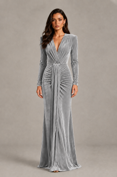 BOLODOO Silver Velvet Long Sleeve V-Neck Ruched Evening Gown - Silver