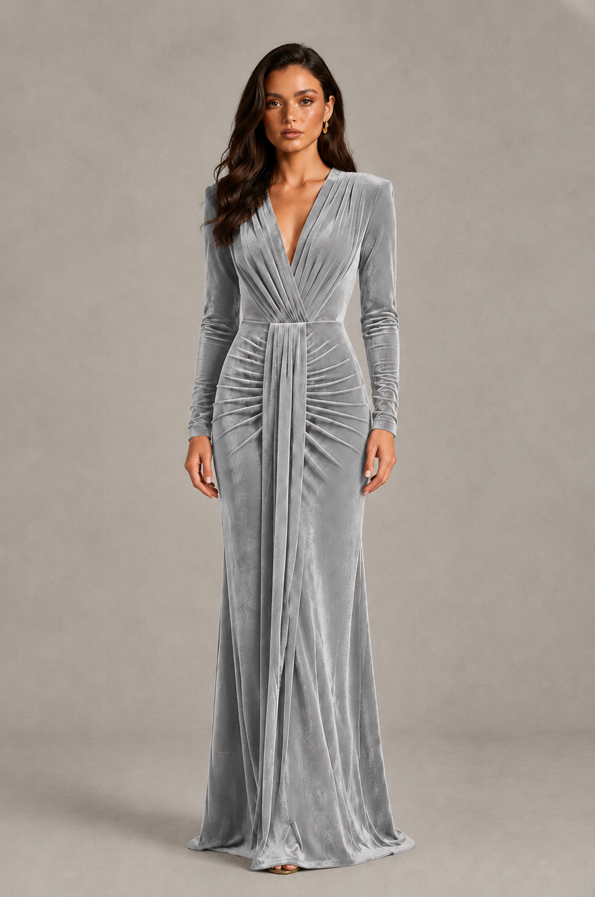 BOLODOO Silver Velvet Long Sleeve V-Neck Ruched Evening Gown - Silver